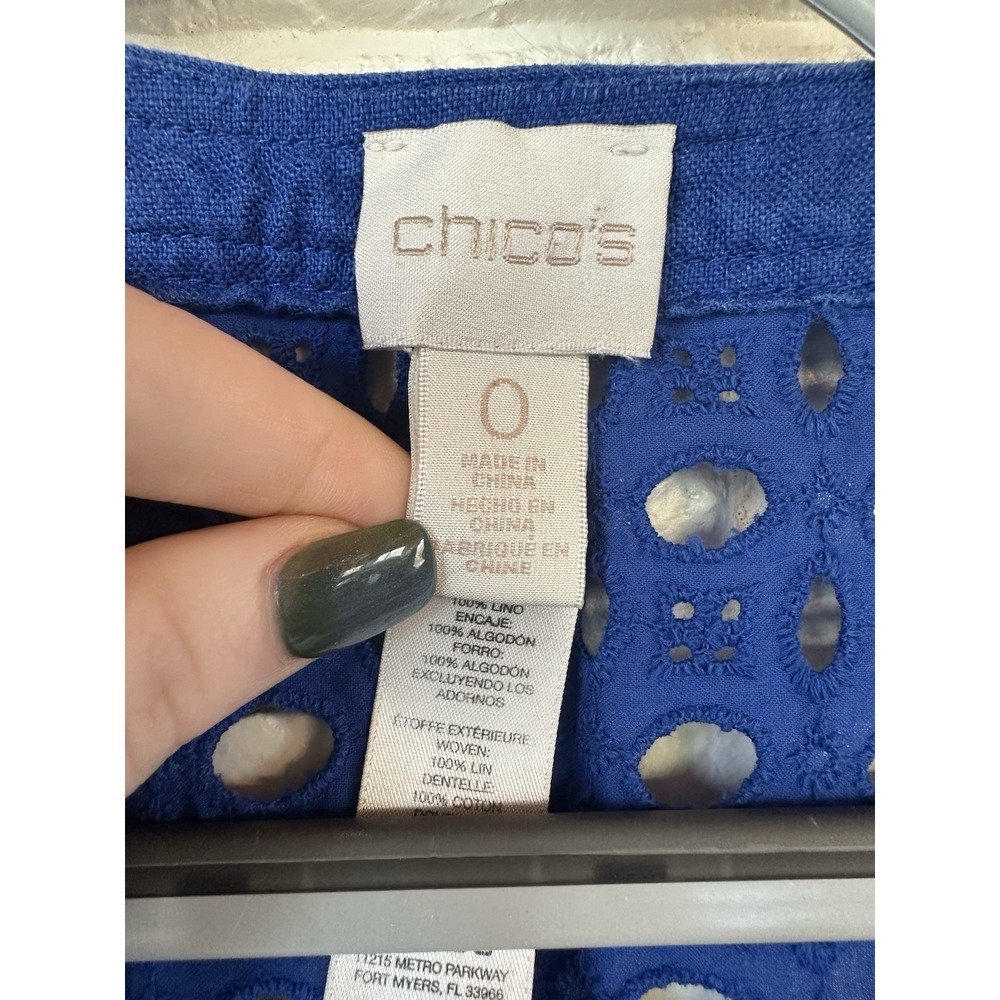Chico's 0 Linen Eyelet Crochet Jacket Royal Blue Open Front 3/4 Sleeve Boho Chic - Picture 3 of 7